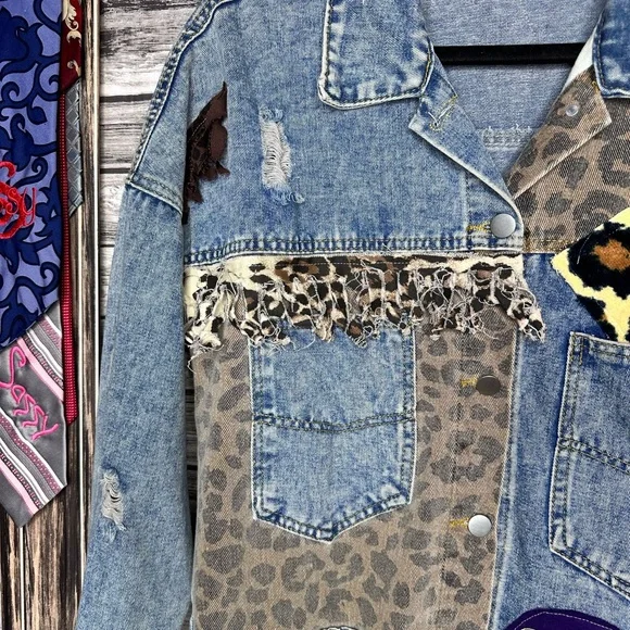Recycled UpCycled Vintage NWOT Tito’s Crown Royal Denim Jean Jacket Gypsy Hippie - Picture 7 of 7